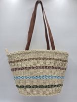 Maxfly - modna torebka koszyk pleciony kolorowe pasy beżowy L0103