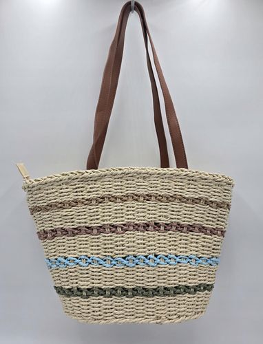 Maxfly - modna torebka koszyk pleciony kolorowe pasy beżowy L0103 na Arena.pl