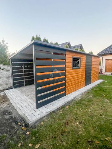 Schowek Domek ogrodowy 5x3,5m + wiata 1,5m drzwi okno Dach spad w tył NB390 na Arena.pl