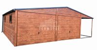 GARAŻ BLASZANY 6m x 6m + 2m. wiata poziom - dwuspad 2x Brama uchylna + drzwi + 2x okno - drewnopodobny TS263 6x6