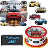 ZESTAW OPŁATEK NA TORT 20CM + 17 POSTACI - BMW AUTO + IMIĘ 15CM 18CM
