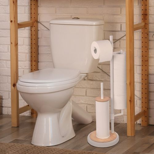 Stojak z uchwytem na papier toaletowy i szczotka do WC toalety biała bambus na Arena.pl