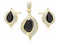 KLASYCZNY POZŁACANY SREBRNY KOMPLET ŁEZKI KROPLE CZARNA I BIAŁE CYRKONIE