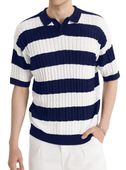 Koszulka polo męska dzianinowa w paski krótki rękaw granatowa retro S