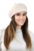 ECRU klasyczny BERET DAMSKI zimowy z antenką ZDOBIONY Kamea LINDA