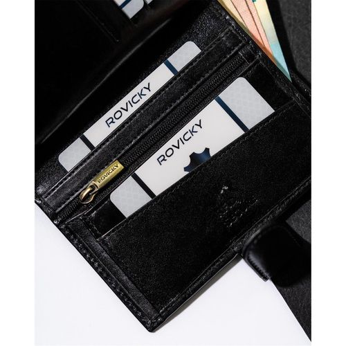 skórzany, czarny portfel męski z zapięciem i systemem rfid - rovicky na Arena.pl