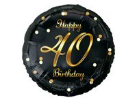 Balon foliowy "B&C Happy 40 Birthday", czarny, nadruk złoty, 45cm (18 cali)