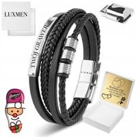 Bransoletka Męska Czarna ze Skóry Srebrna GRAWER Prezent Dla Chłopaka Męża