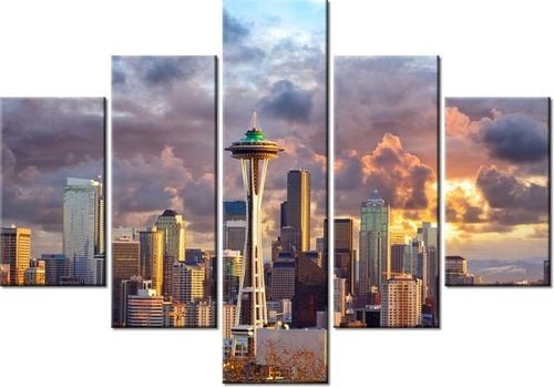 70 100CM OBRAZ 5 ELEM SEATTLE O ZACHODZIE SŁOŃCA DRUK PŁÓTNO na Arena.pl