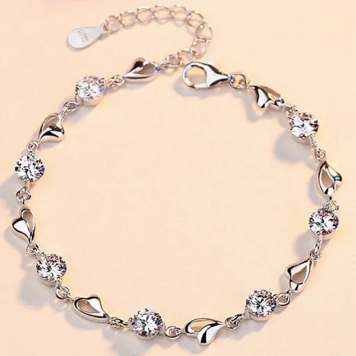 Bransoletka Damska Srebrna Łańcuszki Serduszka Heart Kryształki Na Prezent zdjęcie 5