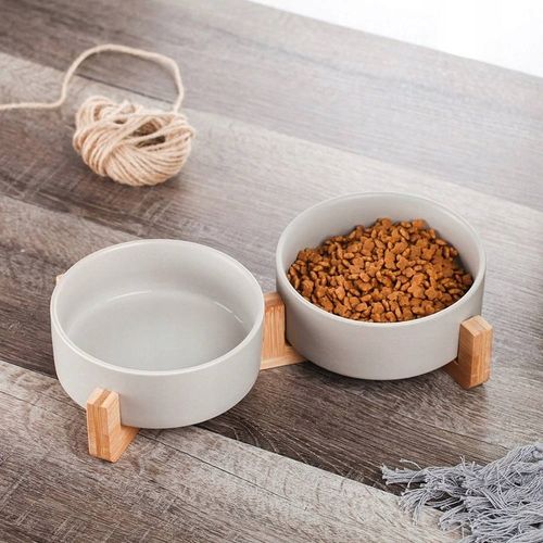 MISKA CERAMICZNA PODWÓJNA DLA PSA I KOTA 2 MISKI DREWNIANA PODSTAWA 2x400ml na Arena.pl