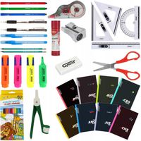 WYPRAWKA SZKOLNA DLA KLAS 4-8 ZESZYTY KREDKI DŁUGOPISY EKIERKI 43 ELEMENTY