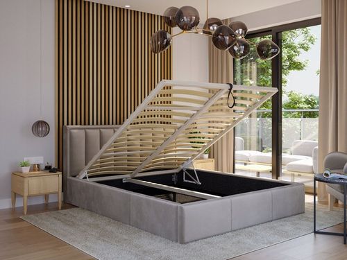 ŁOŻKO TAPICEROWANE MOON Z PODNOSZONYM STELAŻEM POJEMNIKIEM POŚCIEL na Arena.pl