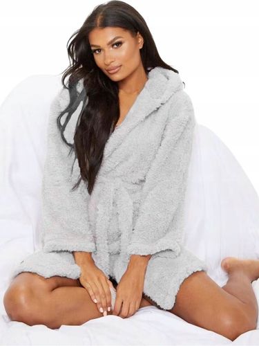 Szlafrok Damski Ciepły Miękki Gruby z Kapturem Szary Wiązany W Talii Zimowy na Arena.pl
