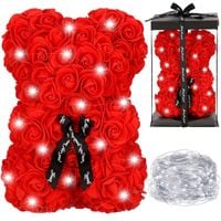 Miś z płatków róż czerwony 25 cm rose bear z kokardką i lampkami LED biały zimny