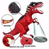 DUŻY DINOZAUR T-REX Z PROJEKTOREM Chodzi Ryczy ZNOSI JAJA Czerwony