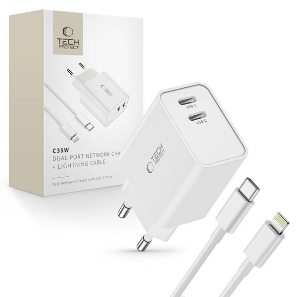 Ładowarka Tech-Protect C35W 2xUSB-C PD35W + Kabel Lightning Biały zdjęcie 1