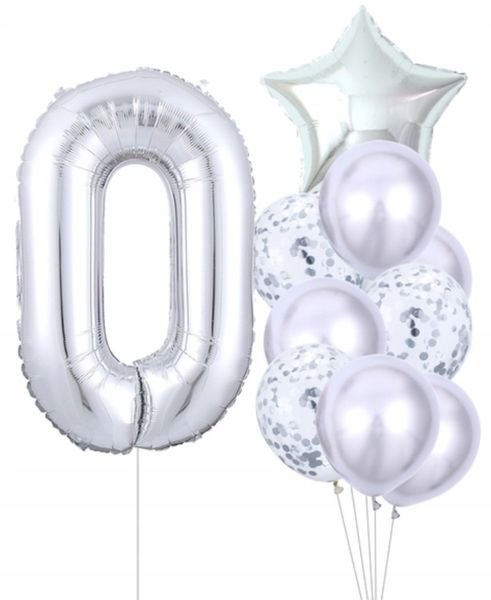 Balony Urodzinowe 10Szt Srebrny Konfetti Litera 0 zdjęcie 2