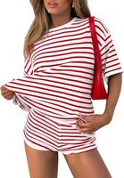 Damski Komplet Sportowy w Paski Koszulka i Szorty Czerwony M Zestaw Letni