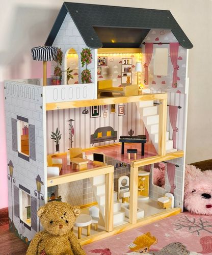 DOMEK DLA LALEK DREWNIANY LED Akcesoria Laleczki 3 Poziomy Duży Mebelki na Arena.pl