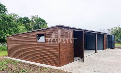 GARAŻ BLASZANY 12m x 5m poziom - spad tył 4x Brama - ciemny orzech TS224 12x5 na Arena.pl