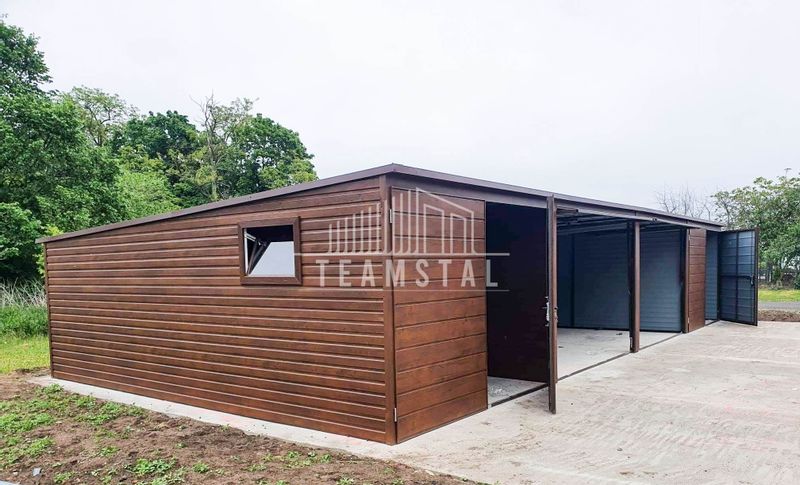 GARAŻ BLASZANY 12m x 5m poziom - spad tył 4x Brama - ciemny orzech TS224 12x5 zdjęcie 8
