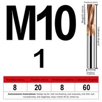 Frez do gwintowania M0.8-M20 - wieloostrzowy Rozmiar: M10x1.0x60L - TiSiN