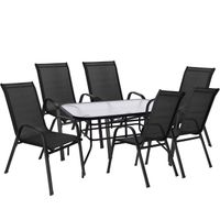 Meble ogrodowe 6 krzeseł, stół ze szkłem hartowanym zestaw na taras czarny