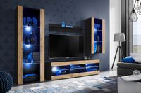 Meblościanka Czarny/Dąb Wotan LED RGB Meble RTV – Zestaw Mebli