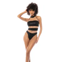 leg avenue halter bodysuit s beżowo-czarny z siateczką i ekoskorą