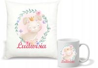 Zestaw PODUSZKA + KUBEK nadruk Z KRÓLIKIEM PREZENT DLA DZIECKA NA URODZINY