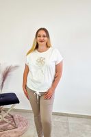 Bawełniana Bluzka Damska z Aplikacją w Kwiat Kremowa UNI