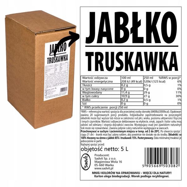 Sok jabłko truskawka 100% tłoczony z truskawek NFC 5L = 20 szklanek soku zdjęcie 3