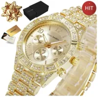 ZŁOTY ZEGAREK DAMSKI Z KRYSZTAŁAMI NA BRANSOLECIE 585 NA PREZENT DLA ŻONY