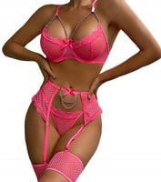 Piękny KOMPLET Bielizny Damskiej STANIK STRINGI ŁAŃCUSZKI RÓŻOWY S