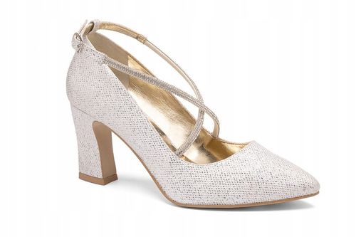 Ślubne Czółenka brokatowe z ozdobnymi paseczkami na krzyż srebrne BUTDAM 39 na Arena.pl