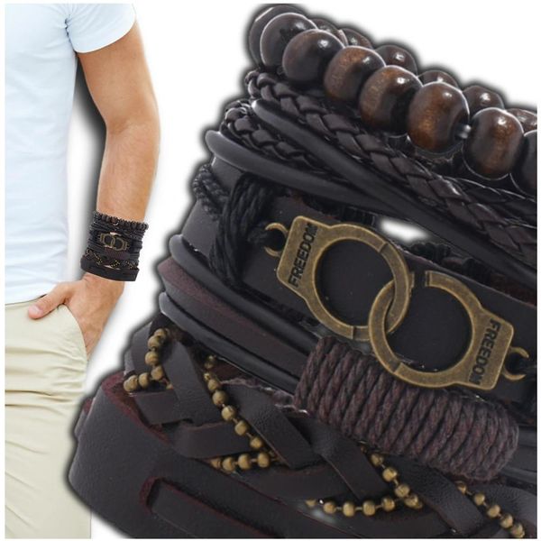 Zestaw 6 brązowych męskich bransoletek plecionych skórzanych zdjęcie 4