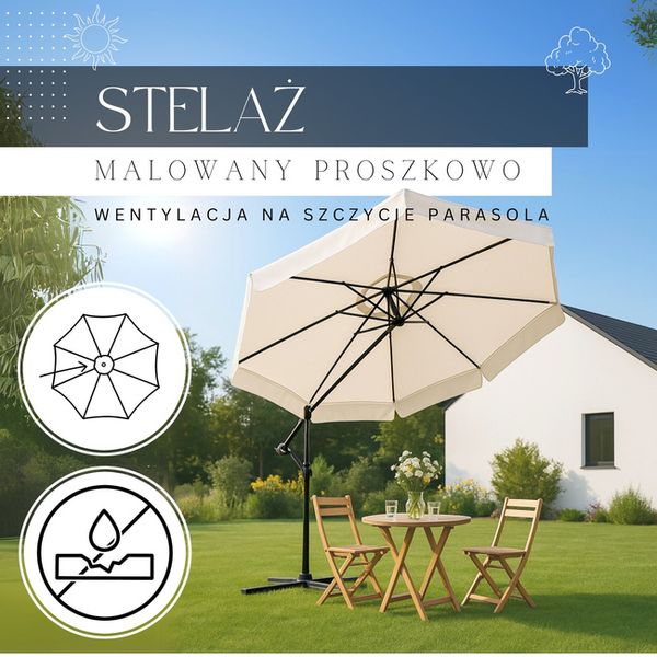 Parasol ogrodowy na wysięgniku 350 cm składany z pokrowcem, na balkon, taras ecru zdjęcie 5