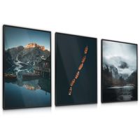 ZESTAW 3x Plakat W Ramie Łódki GÓRY Jezioro Pejzaże 30cm x 40cm