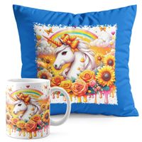 ZESTAW KUBEK + PODUSZKA NIEBIESKA - JEDNOROŻEC UNICORN KOŃ
