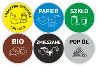 OKRĄGŁE NAKLEJKI NA KOSZ zestaw 6 szt. segregacja śmieci odpady 9 cm