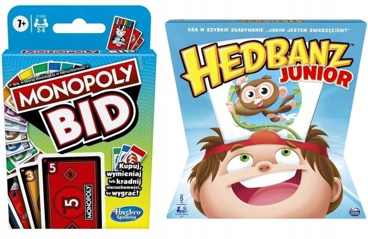 2w1 MONOPOLY BID HASBRO gra planszowa karciana + HEDBANZ JUNIOR Classic PL zdjęcie 1