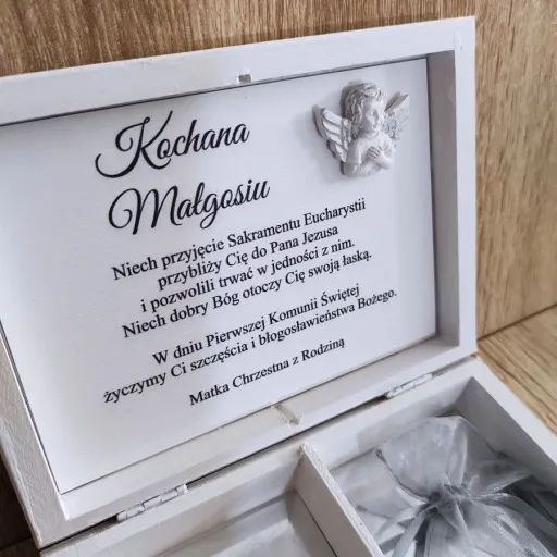 Pudełko na pieniądze prezent Pamiątka I Komunii chrzestnej dziadków aniołek zdjęcie 7