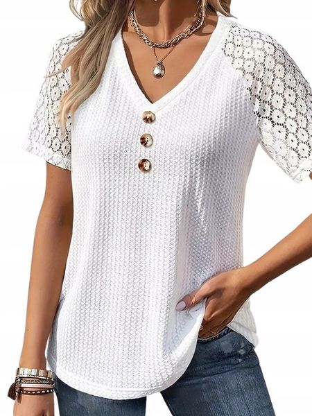 Stylowa bluzka ażurowa z krótkim rękawem o klasycznym kroju sweterek zdjęcie 1