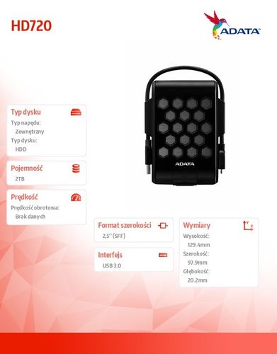 Adata DashDrive Durable HD720 2TB 2.5'' USB3.0 Czarny na Arena.pl