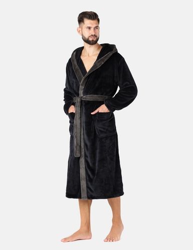 Szlafrok męski z kapturem ciepły miękki 2 kieszenie LA-221 Czarny XL na Arena.pl