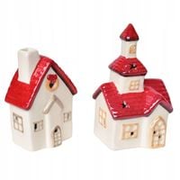 Kościół 16 cm i domek 13 cm ceramiczny z oświetleniem LED, zestaw 2 szt.