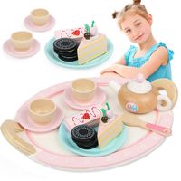 drewniany zestaw do herbaty czajnik filiżanki taca ciastka