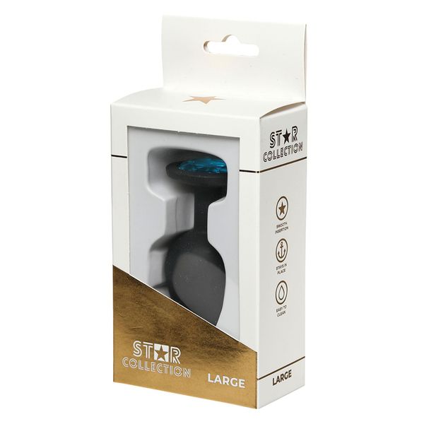 Star Collection - Black Silicone Anal Plug L - Light Blue Stone zdjęcie 1