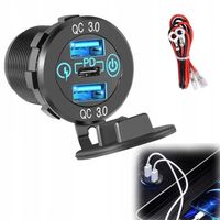 WYDAJNY ŁADOWARKA SAMOCHODOWA USB TYP C GNIAZDO MONTAŻOWE 2X QC 3.0+PD